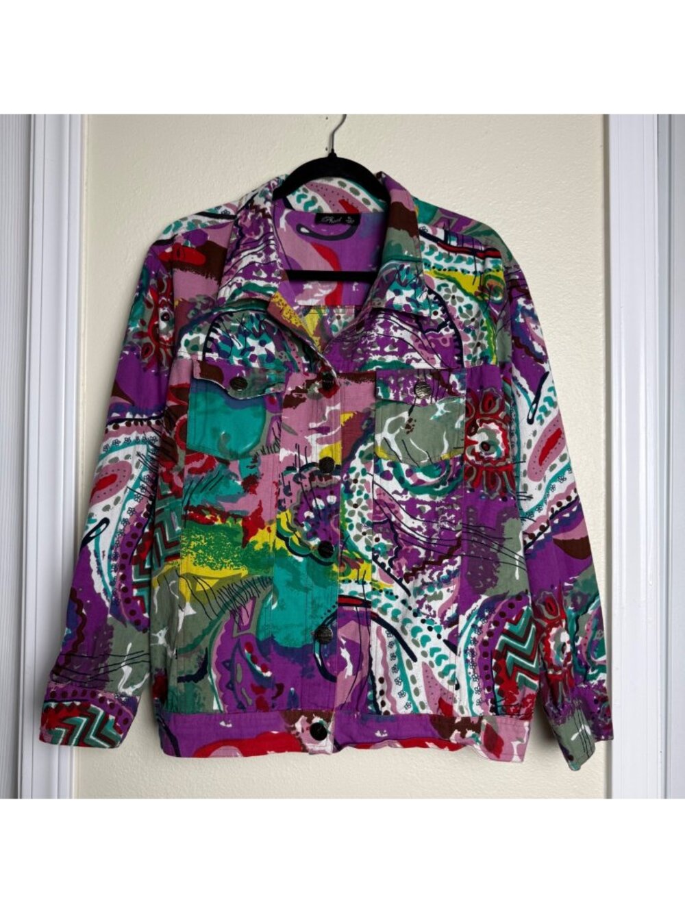 Vintage PHOOL Paint Splatter Paisley Print Denim Jacket In Purples Sz XL